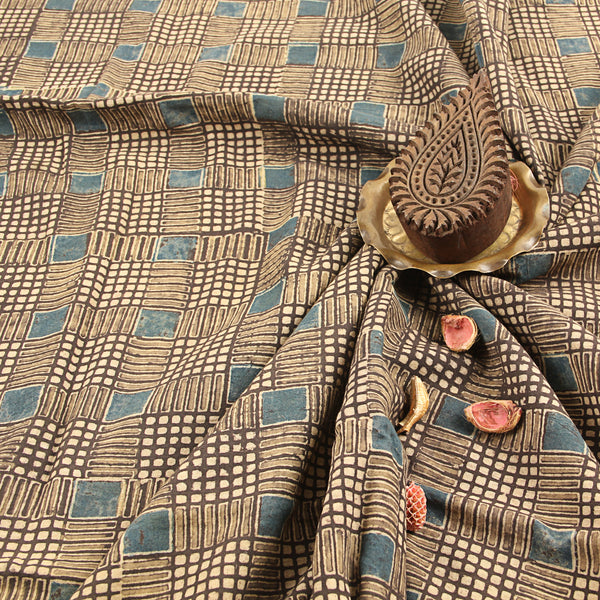 Brown Small Checks & Box Ajrakh Handblock Print Cotton Fabric