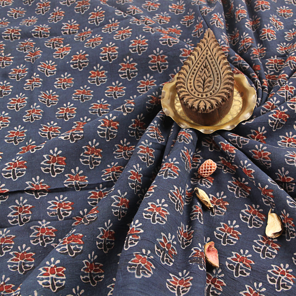 Indigo All Over Small butti Floral Ajrakh Handblock Print Cotton Fabric