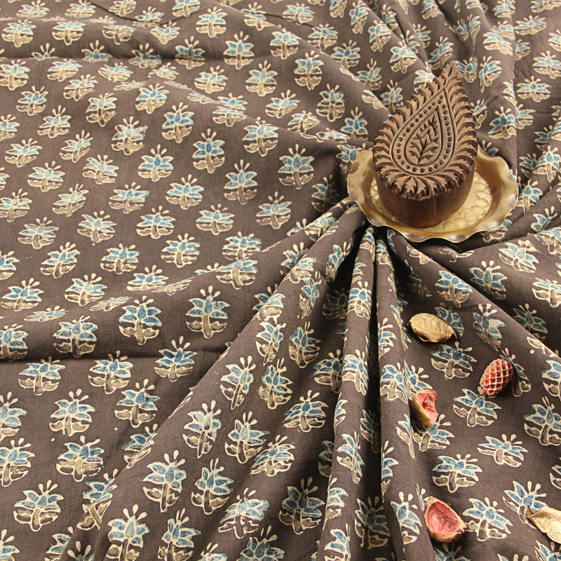 Brown All Over Small butti Floral Ajrakh Handblock Print Cotton Fabric