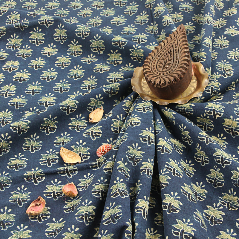 Blue All Over Small butti Floral Ajrakh Handblock Print Cotton Fabric
