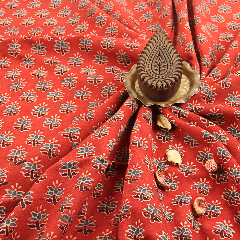 Red All Over Small butti Floral Ajrakh Handblock Print Cotton Fabric