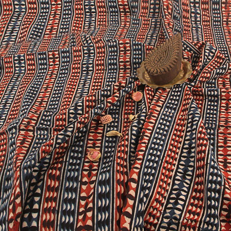 Blue Geometric Ajrakh Hand Block Print Cotton Fabric