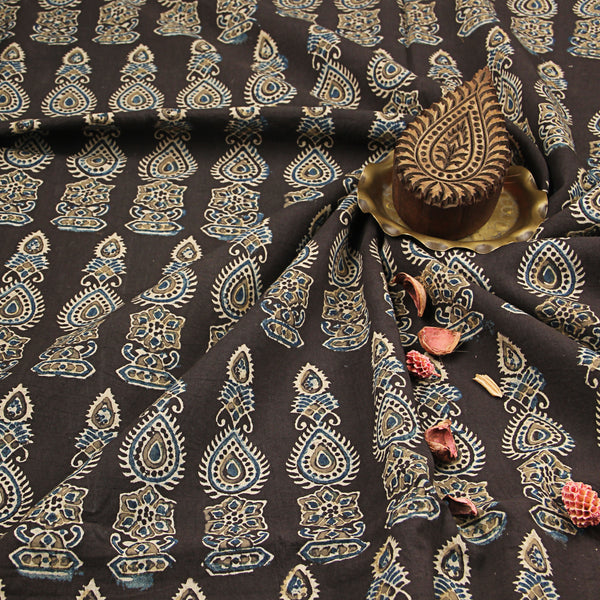 Black Butta Ajrakh Hand Block Print Cotton Fabric