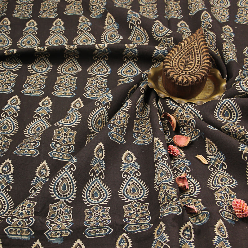 Black Butta Ajrakh Hand Block Print Cotton Fabric