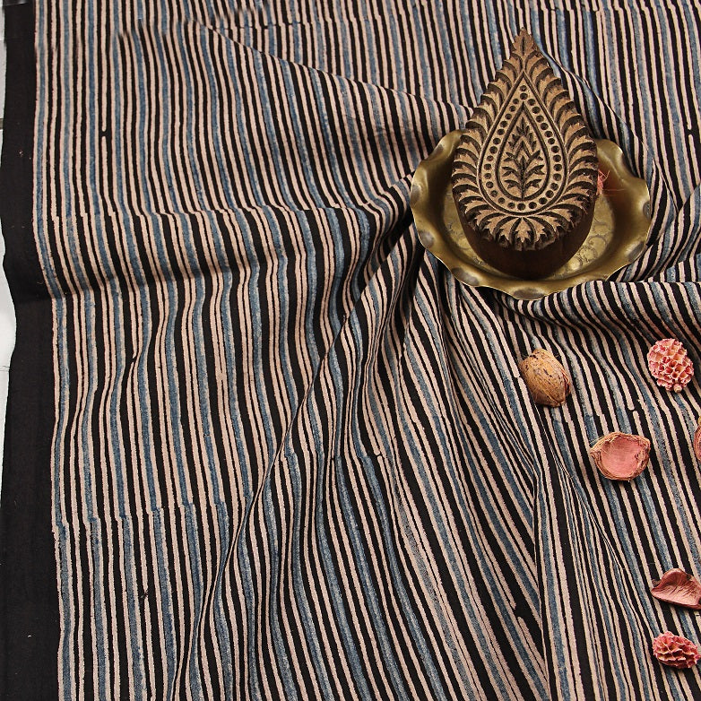 Black Stripes Ajrakh Hand Block Print Cotton Fabric