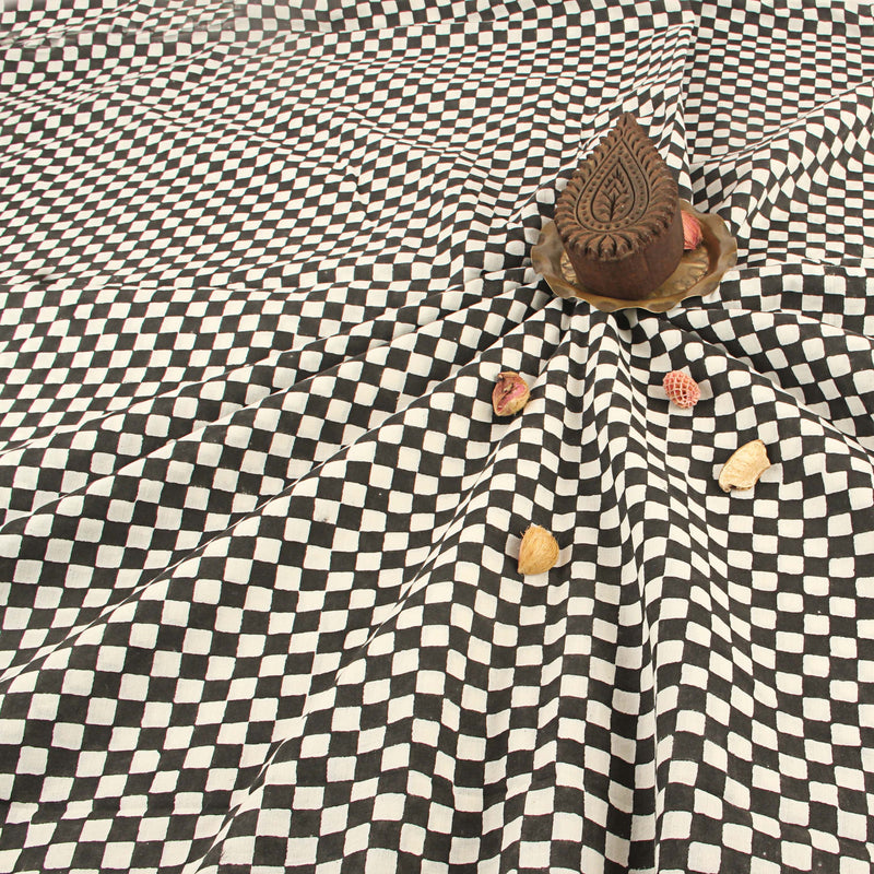 White Checks Hand Block Print Cotton Fabric