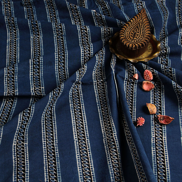 Blue Leaf Ajrakh Hand Block Print Cotton Fabric