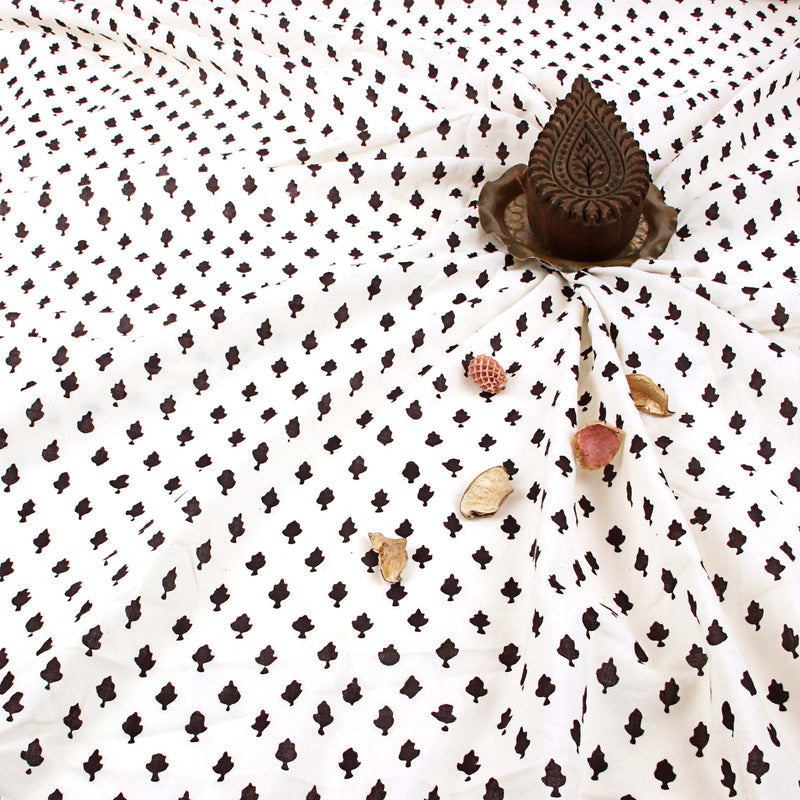 Black Small Leaf Butti Fakira Hand Block Printed Cotton Fabric