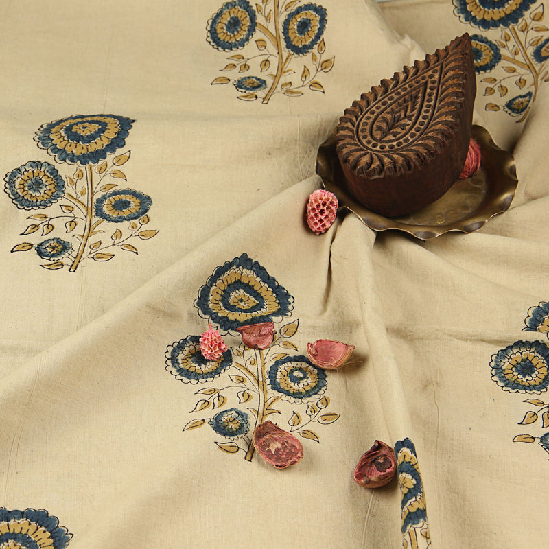 Off White Butta Ajrakh Hand Block Print Cotton Fabric