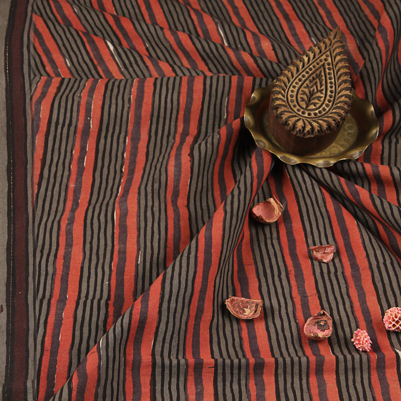 Black Stripes Dabu Hand Block Print Cotton Fabric
