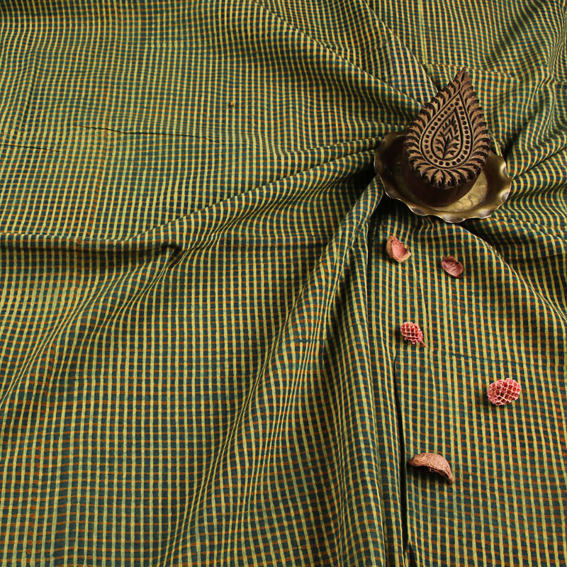 Green Checks Ajrakh Hand Block Print Cotton Fabric