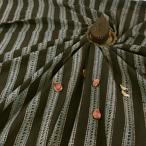 Black Leaf Border Ajrakh Hand Block Print Cotton Fabric