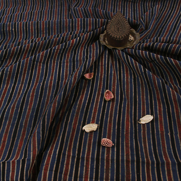 Multi Stripes Ajrakh Hand Block Print Cotton Fabric
