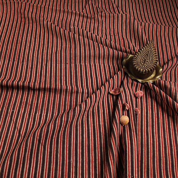 Brown Stripes Ajrakh Hand Block Print Cotton fabric