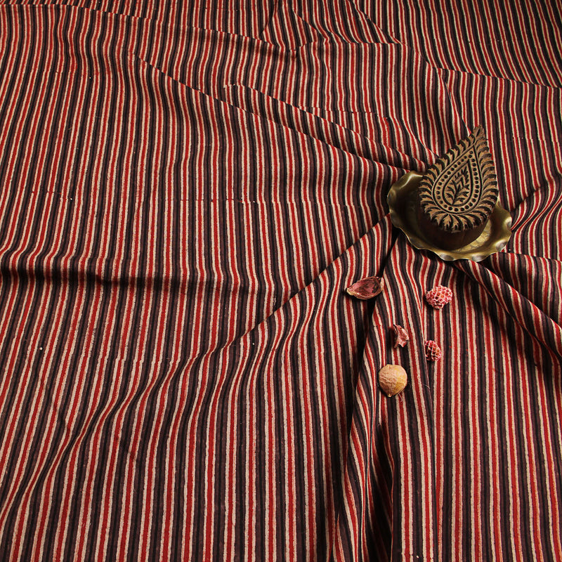 Brown Stripes Ajrakh Hand Block Print Cotton fabric