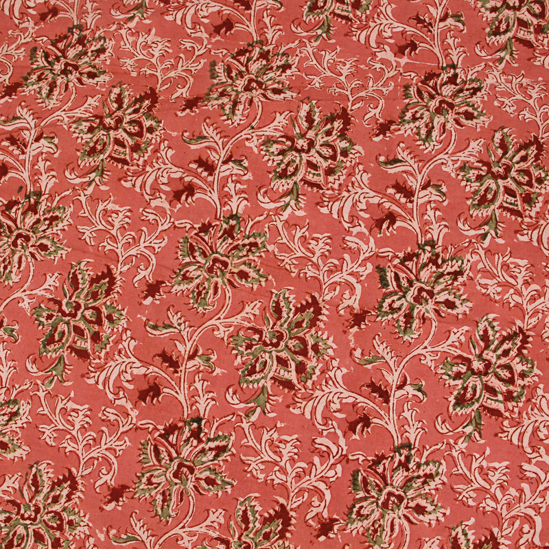 Pink Floral Kalamkari Hand Block Print Cotton Fabric