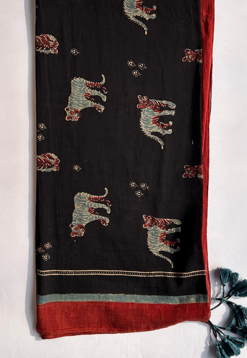 Black Ajrakh HandBlock Printed MulMul Scarf