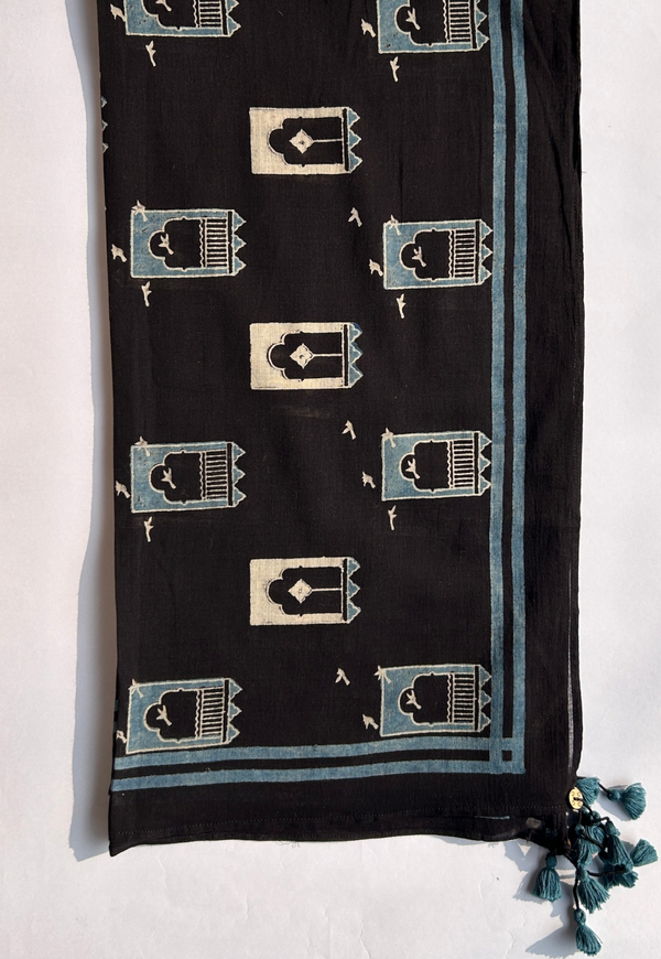 Black Ajrakh HandBlock Printed MulMul Scarf