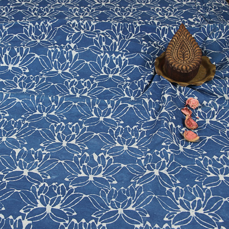 Blue Lotus Dabu Hand Block Print Cotton Fabric