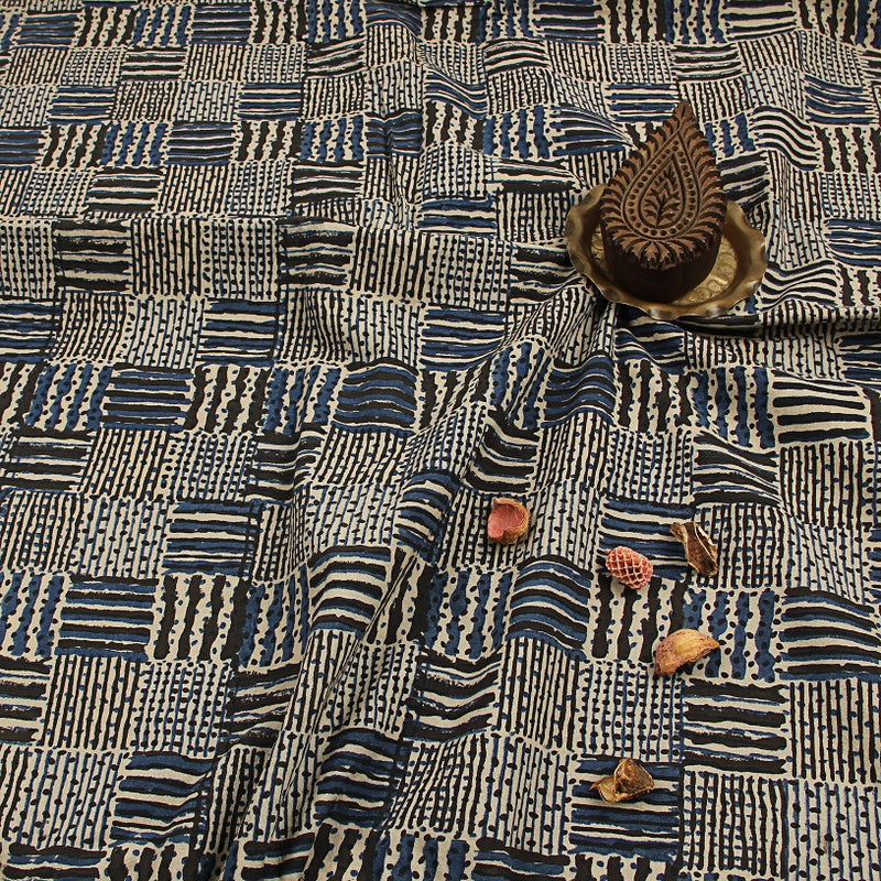 White Geometric Ajrakh Hand Block Print Cotton Fabric