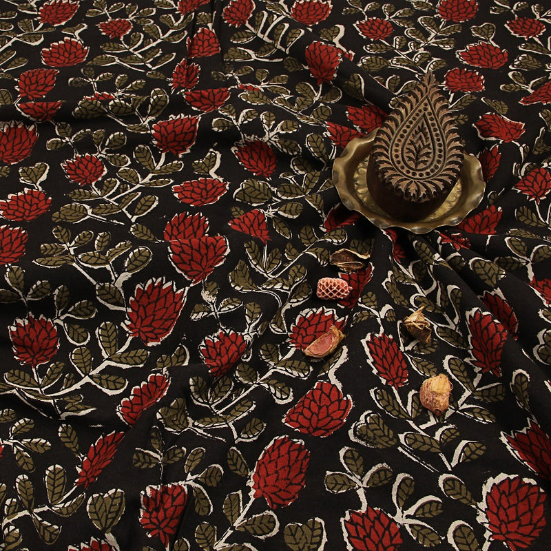 Black Floral Kalamkari Hand Block Print Cotton Fabric