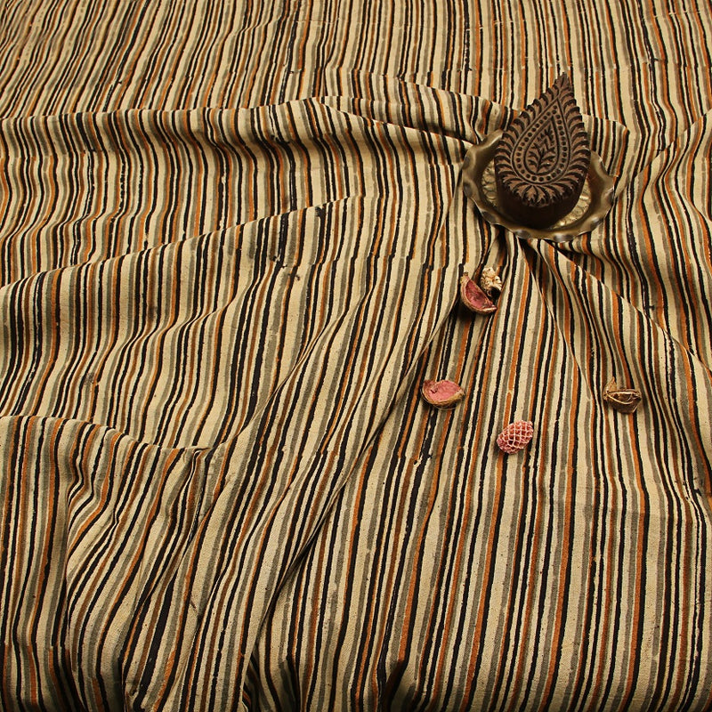 Beige Stripes Kalamkari Hand Block Print Cotton Fabric