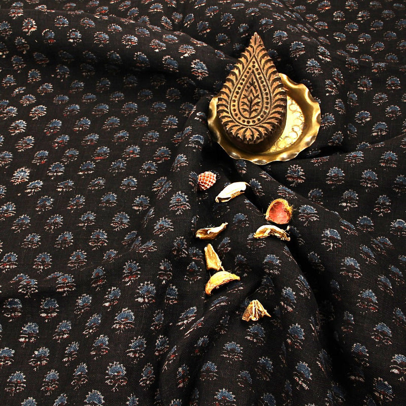 Black Indigo Small Taaj Butti Ajrakh Hand Block Printed Linen Fabric