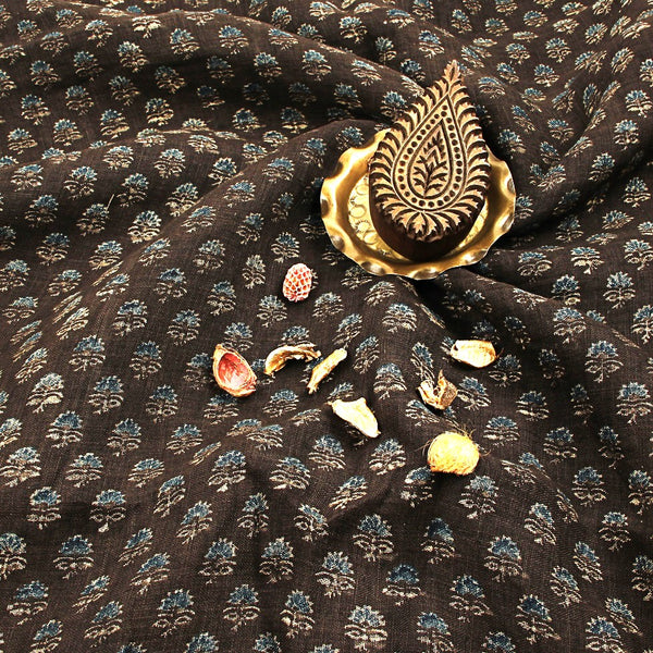 Ash Grey Indigo Small Taaj Butti Ajrakh Hand Block Printed Linen Fabric