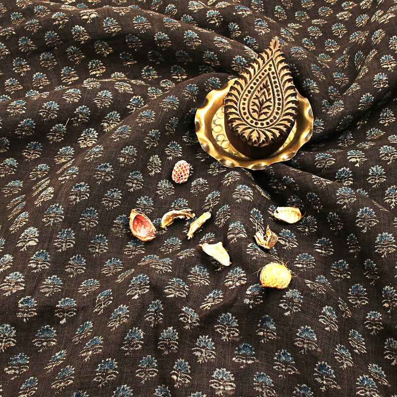Ash Grey Indigo Small Taaj Butti Ajrakh Hand Block Printed Linen Fabric