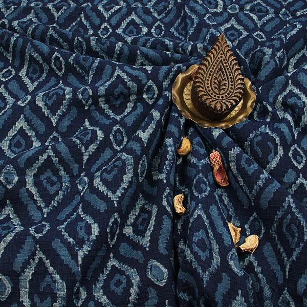 Blue Geometric Dabu Hand Block Print Slub Cotton Fabric