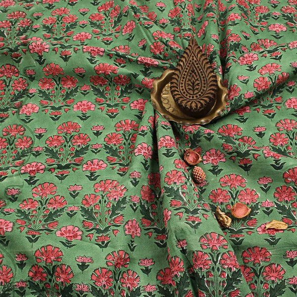 Green Floral Sanganeri Hand Block Print Cotton Fabric
