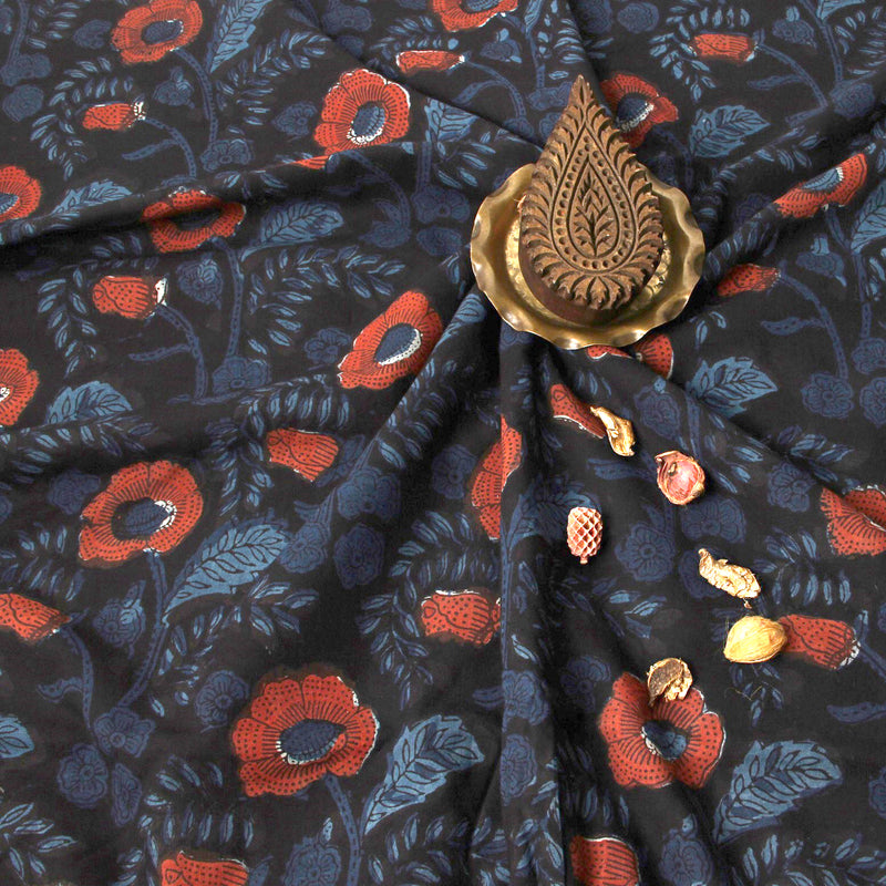 Black & Red Rose Floral Jaal Jahota Hand Block Printed Cotton Fabric