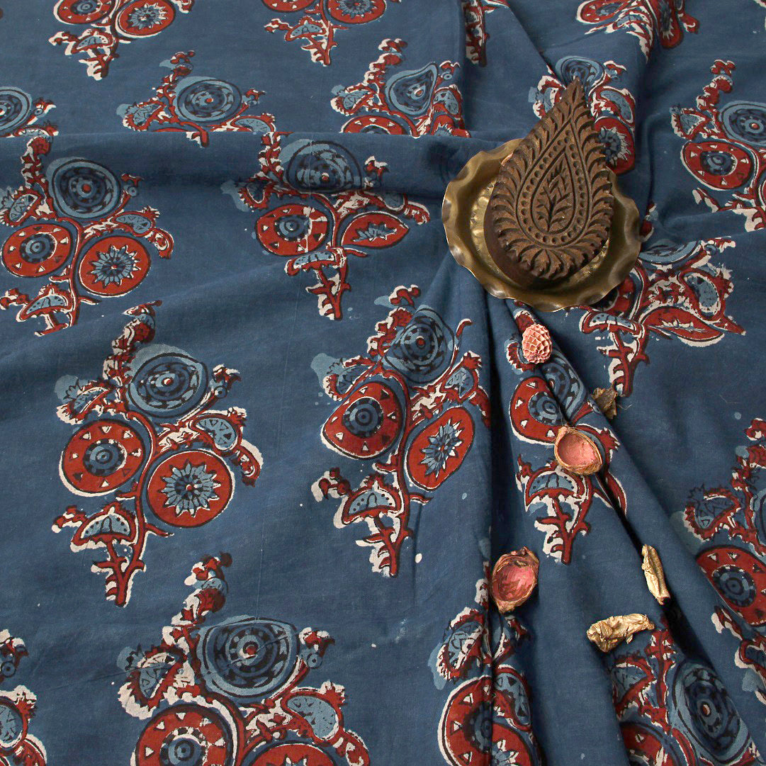 Indigo Floral Bunch Jahota Hand Block Printed Cotton Fabric – THE ...