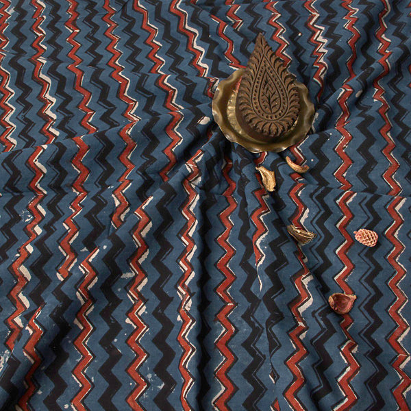 Red Indigo Zigzag Jahota Hand Block Printed Cotton Fabric