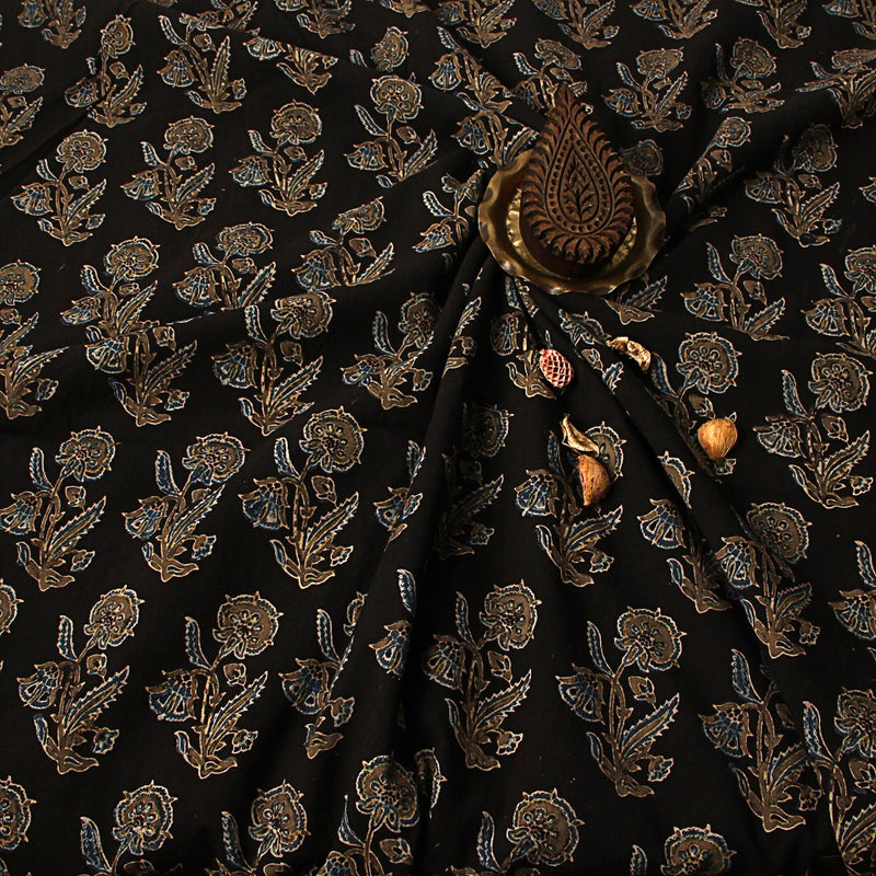 Indigo Black Pansy Ajrakh Hand Block Printed Cotton Fabric