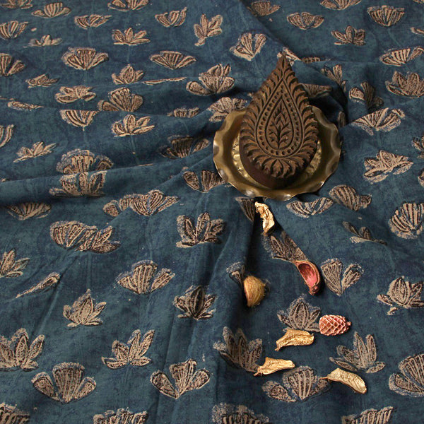 Blue Floral Jahota Hand Block Print Cotton Fabric