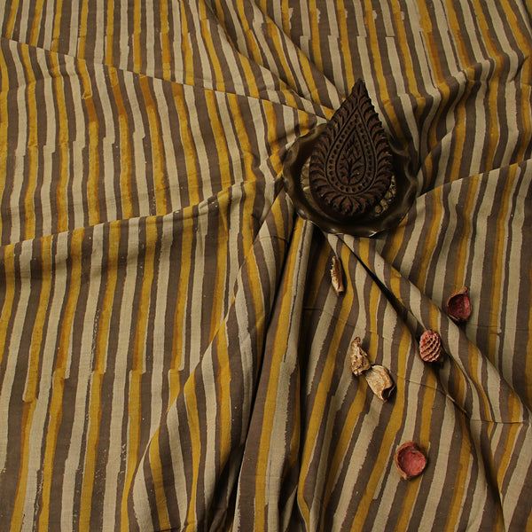 Yellow Stripes Ajrakh Dabu Hand Block Print Cotton Fabric