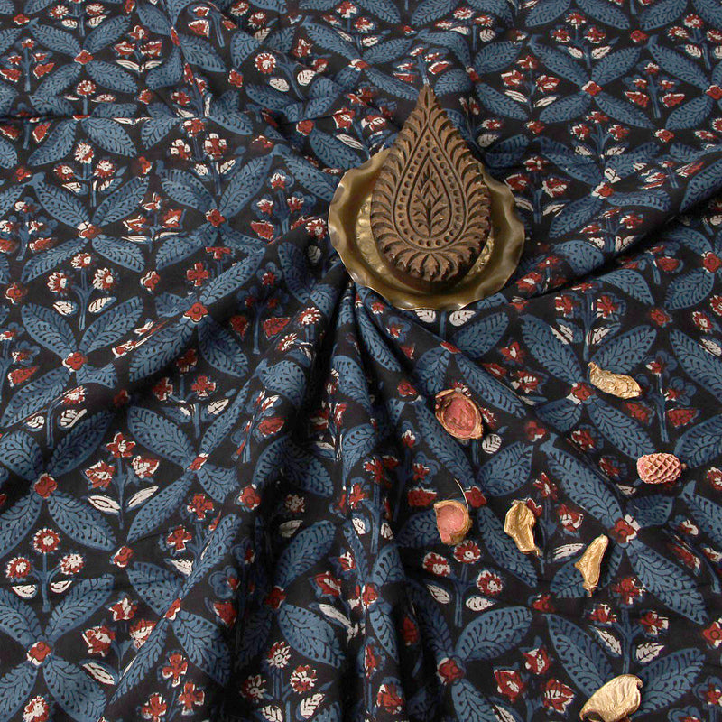 Blue Floral Jahota Hand Block Print Cotton Fabric