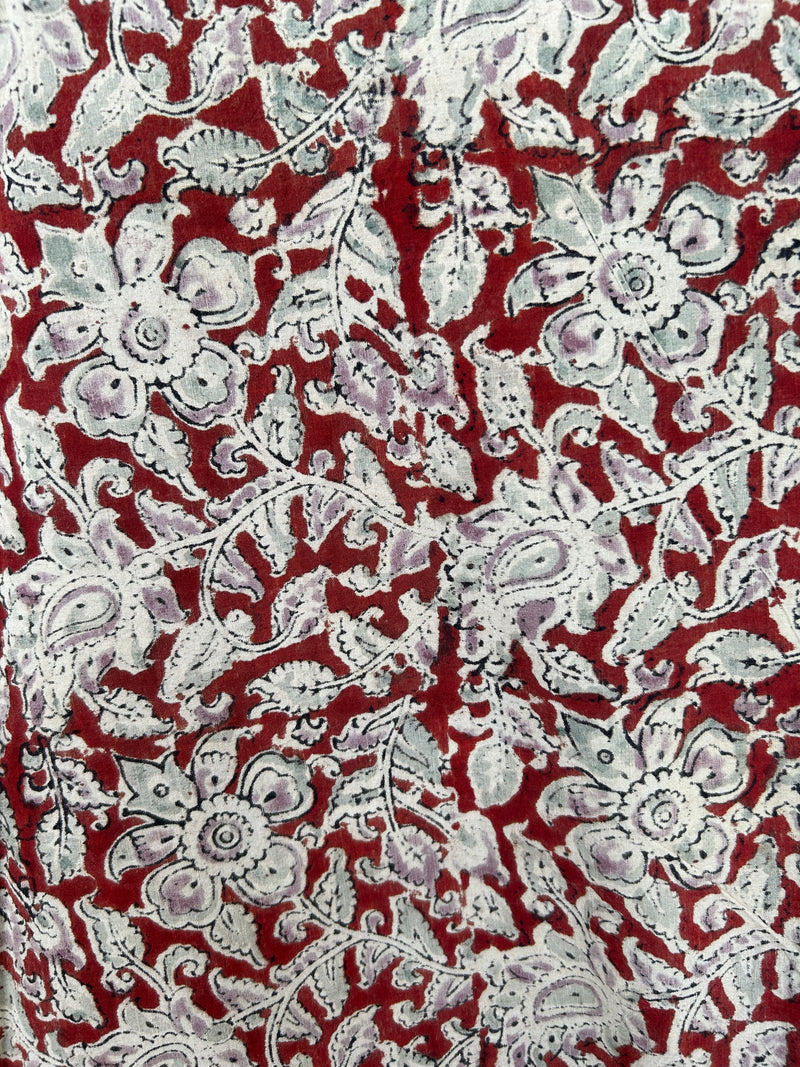 Grey Tropical Floral Jaal Kalamkari Handblock Print Cotton Fabric