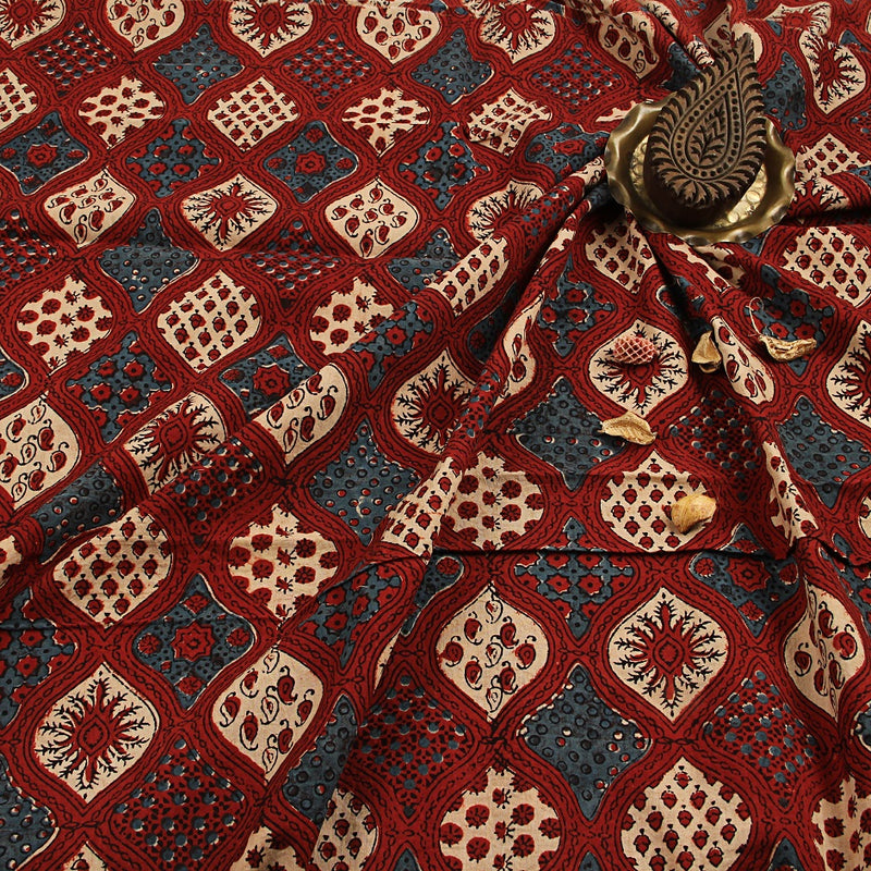 Red Geometric Ajrakh Hand Block Print Cotton Fabric
