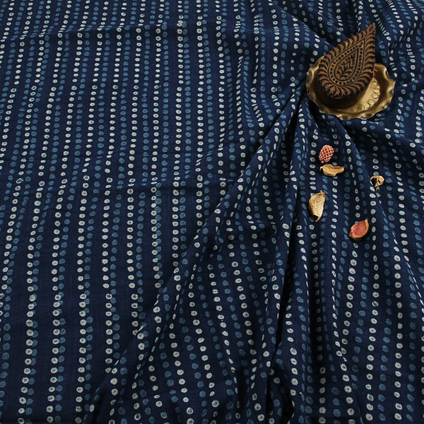 Blue Dots Dabu Hand Block Print Slub Cotton Fabric