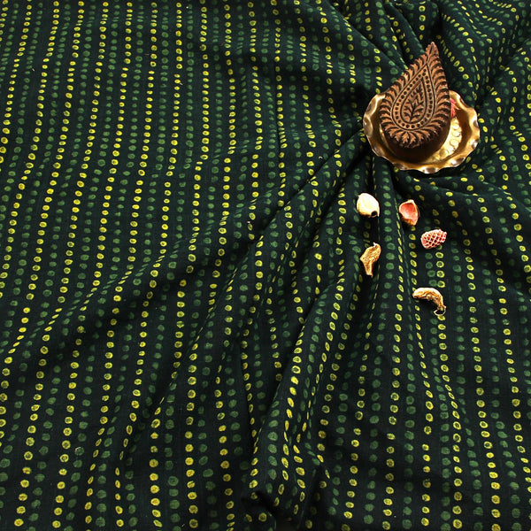 Green Yellow Dotted Line Hand Block Printed Slub Cotton Fabric