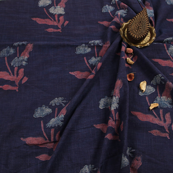 Purple Floral Dabu Hand Block Print Slub Cotton Fabric