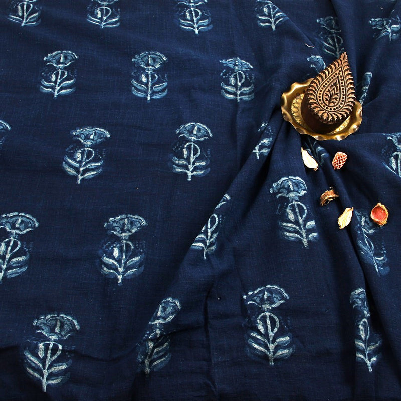 Indigo Floral Dabu Hand Block Printed Slub Cotton Fabric