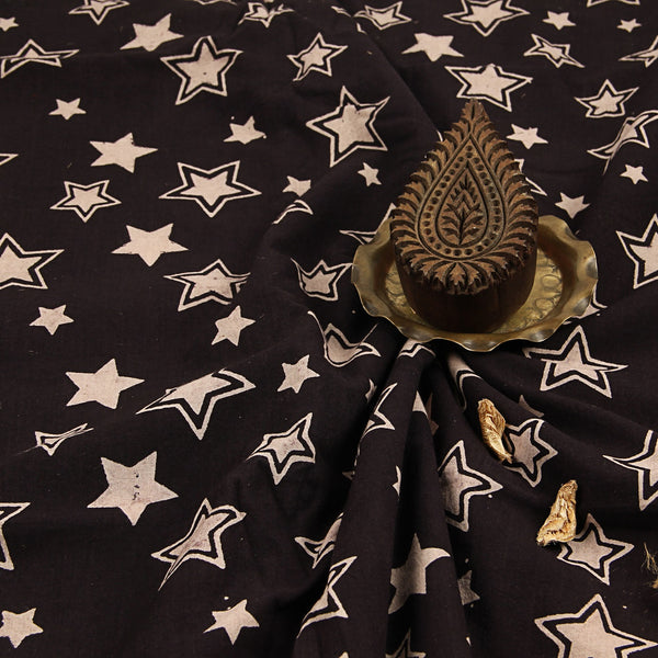 Black Celestial Ajrakh Hand Block Print Cotton Fabric
