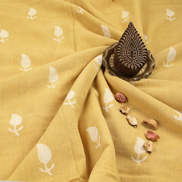 Yellow Leaf Dabu Hand Block Print Slub Cotton Fabric