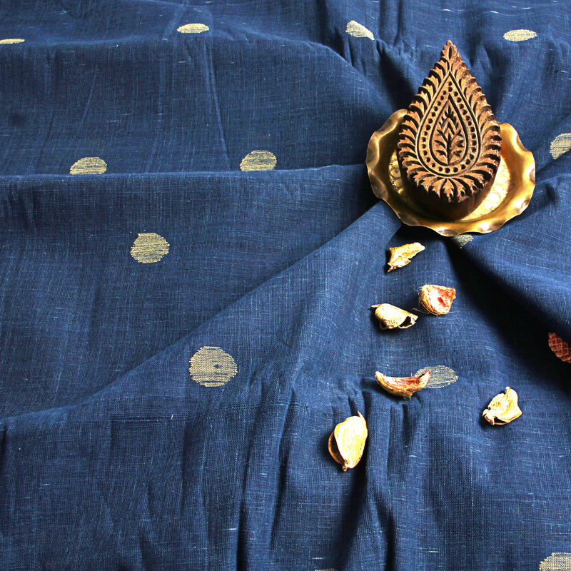 Indigo Polka Dot Handspun Handwoven Jamdani Cotton Fabric