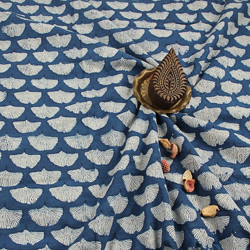 Indigo Shell Floral Dabu Hand Block Printed Cotton Fabric