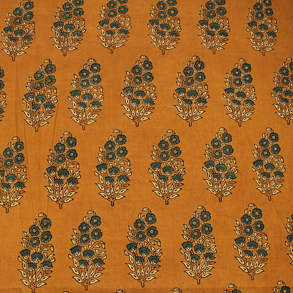 Mustard Green Floral Bunch Ajrakh Hand Block Printed Cotton Fabric