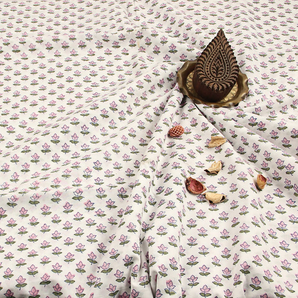 Pink Lotus Butti Sanganeri Hand Block Printed Cotton Fabric